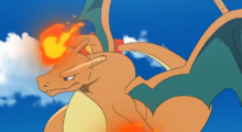 Charizard de Kiawe usando puño fuego.