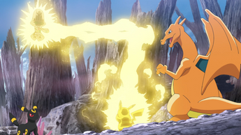 Capitán Pikachu desviando el Atactrueno/Rayo del Beheeyem de Espinel/Espinela siendo inmune a sus efectos.
