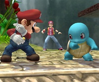 Squirtle de entrenador luchando contra Mario.