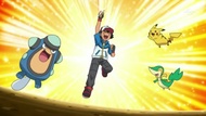 Ash junto a sus Pokémon celebrando su victoria.