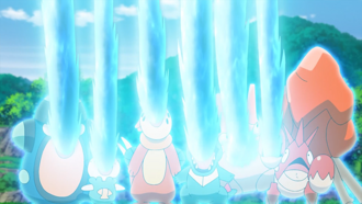 Pokémon tipo agua de Ash usando pistola agua.