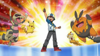 Ash junto a sus Pokémon celebrando la victoria.