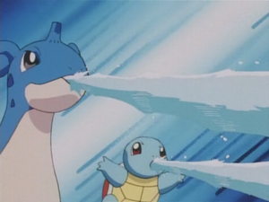 Squirtle y Lapras de Ash usando pistola agua.