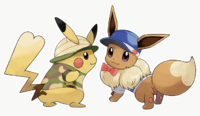 Pikachu e Eevee con diferentes vestuarios.