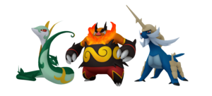 Serperior, Emboar y Samurott en la Pokédex 3D.