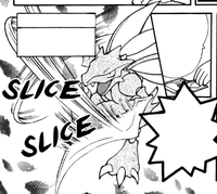 Scyther de Marco usando danza espada/baile de espada en Cartas Pokémon GB: El Comic.