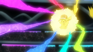 Pikachu de Ash usando gigarrayo fulminante.