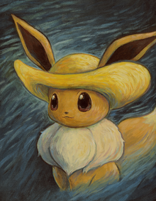 Eevee inspirado por Autorretrato con sombrero de paja, de Pokémon x Museo Van Gogh.
