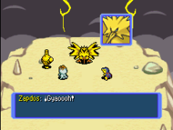 El jugador y su acompañante encuentran a Zapdos en el Pico Trueno.