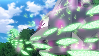 Snivy de Nanci usando ciclón de hojas en el tráiler animado de Pokémon Masters.