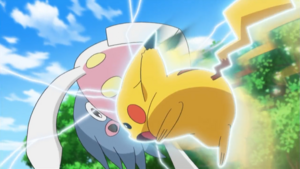 Pikachu de Ash usando Ataque Rápido.