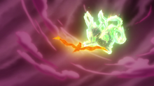 Mega-Rayquaza usando Ascenso Dracónico/Ascenso Draco.