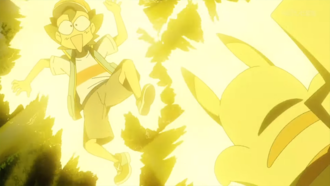 Pikachu de Ash usando atactrueno/rayo.