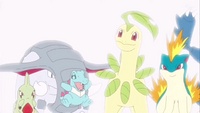 Larvitar junto a los Pokémon de Ash de Johto en la fantasía de Pikachu.