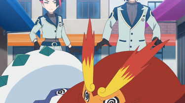 Rubina se sitúa ante Darmanitan de Galar, mientras que Indi se coloca frente a Darmanitan.