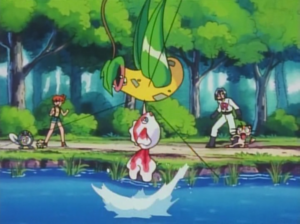 Goldeen de Misty usando ataque furia.