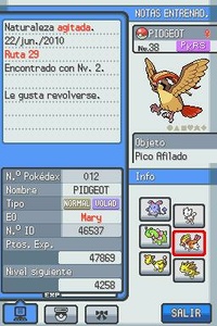 Un Pidgeot con Pokérus en Pokémon Oro HeartGold.
