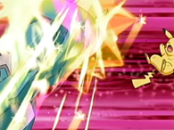 Metagross de Destra usando puño meteoro sobre el Pikachu de Ash.