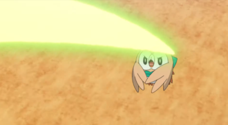 Rowlet de Ash usando hoja afilada.