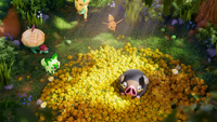 Lechonk disfrutando de bayas Zidra en el bosque en Pokédex Animado.