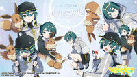 Ilustración de Hatsune Miku y Eevee en JUVENILE.