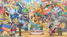 Liza y Emboar en la ilustración del 5.º aniversario de Pokémon Masters