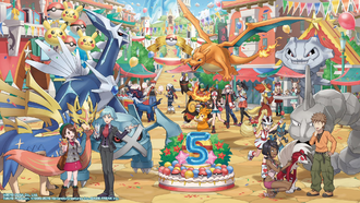 Máximo y Metagross en la ilustración del 5.º aniversario de Pokémon Masters.