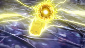 Pikachu de Ash usando bola voltio.