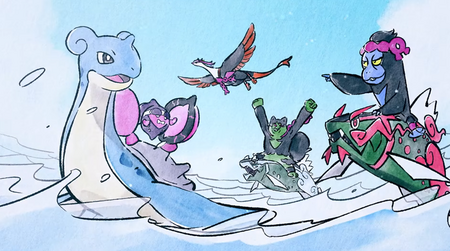 Pecharunt viajando sobre un Lapras; Okidogi y Munkidori sobre dos Basculegion.