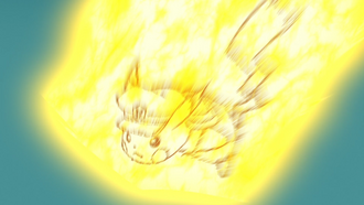 Capitán Pikachu usando tacleada de voltios/placaje eléctrico.