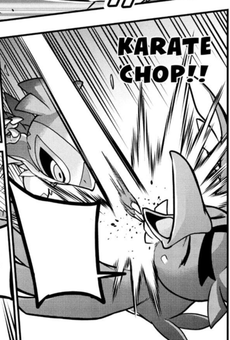 Hawlucha de Bea/Judith usando golpe kárate.