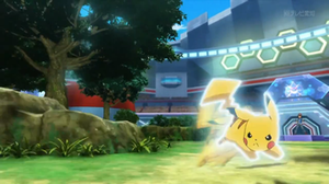 Pikachu de Ash usando ataque rápido.