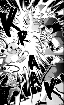 Pikachu de Ash y Raichu de Visquez usando rayo.