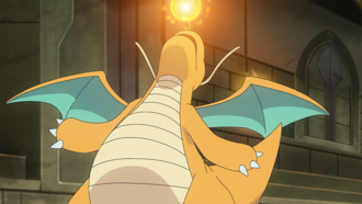 Dragonite de Ash usando hiperrayo.