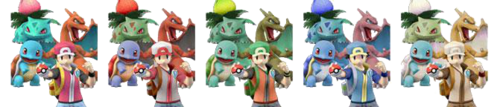 Paleta de colores del Entrenador Pokémon junto a Squirtle, Ivysaur y Charizard en Brawl.