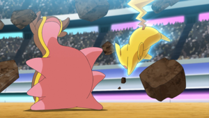 Pikachu de Ash usando ataque rápido.