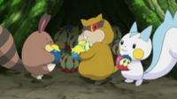 Sentret, Patrat y Pachirisu con varios tipos de bayas, entre ellas algunas Lichi.