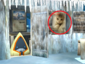 Snorunt en el escenario Estadio Pokémon 2 en SSB4 para Wii U. A su lado se aprecia al gato del director de los juegos, Masahiro Sakurai.