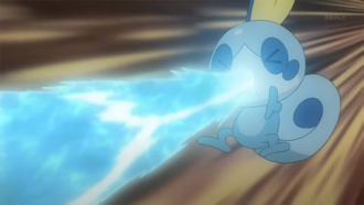 Sobble de Goh usando Chorro de Agua/Pistola Agua.