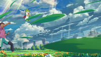 Shaymin cielo usando hoja mágica/hojas mágicas en el tráiler animado del PWC 2023.