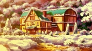 Centro Pokémon de Shelter/Refugio con nieve en el tejado y alrededor.