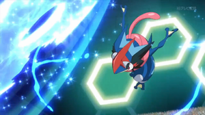 Greninja Ash usando shuriken de agua.