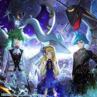 Artwork de Máximo junto a Lylia y N en Pokémon Masters EX.