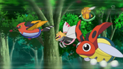 EP881 Fletchinder, Ninjask, Ledyba y Combee.png