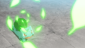 Bulbasaur de Ash usando hoja afilada.
