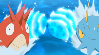 Corphish de Ash y Clauncher de Misty usando martillazo.