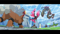Los Pokémon de Lucius luchando contra "Entei" en el Área Cero.